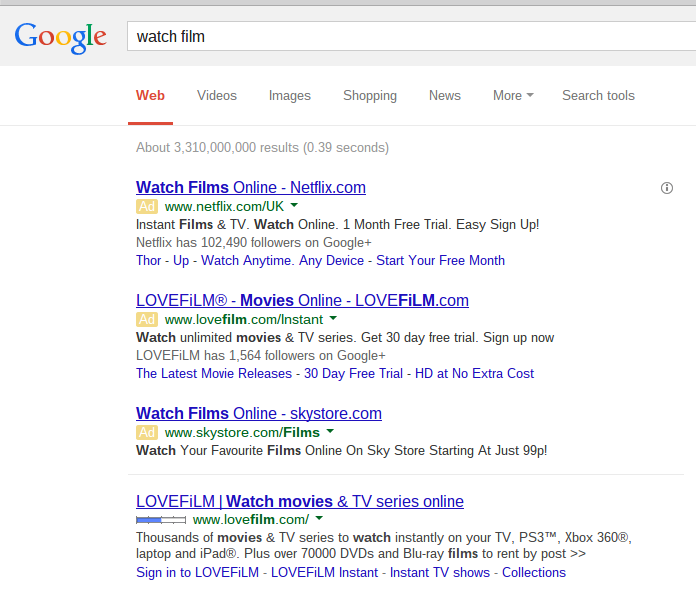 Netflix PPC Search Text Advert