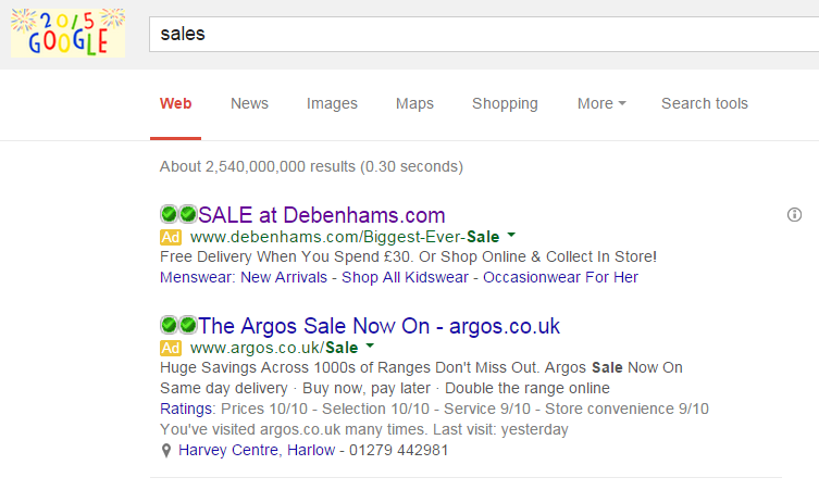 Debenhams PPC Search Advert