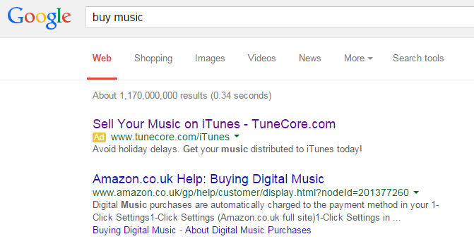 tunecore PPC Search Advert