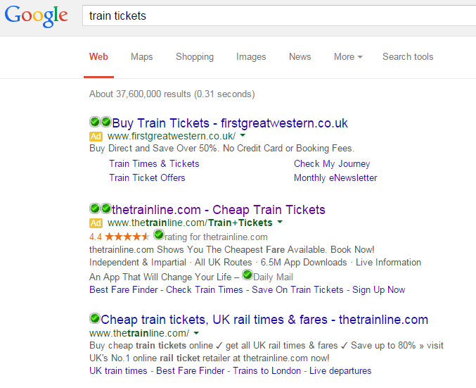 thetrainline PPC Search Advert