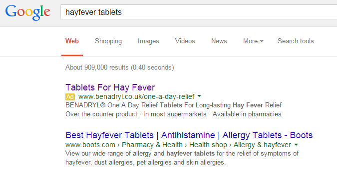Benadryl PPC Search Advert