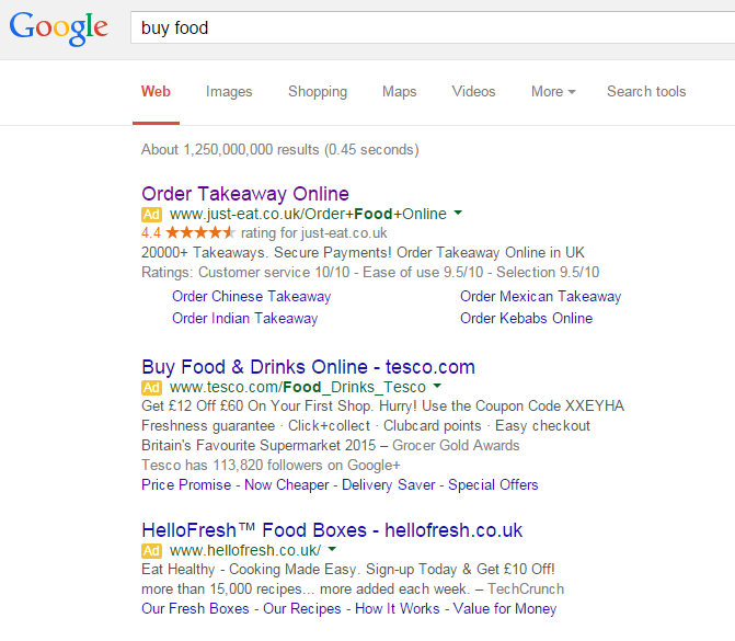 Just Eat PPC Search Advert