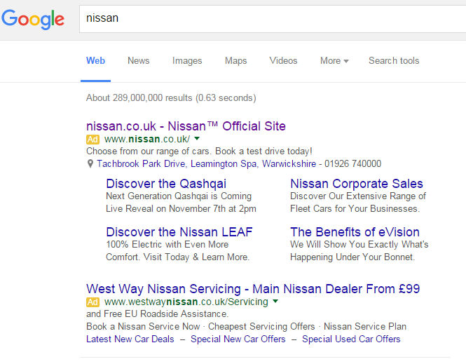 Nissan PPC Search Advert