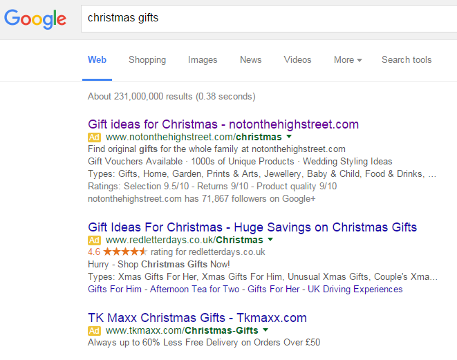 NotOnTheHighStreet.com PPC Search Advert