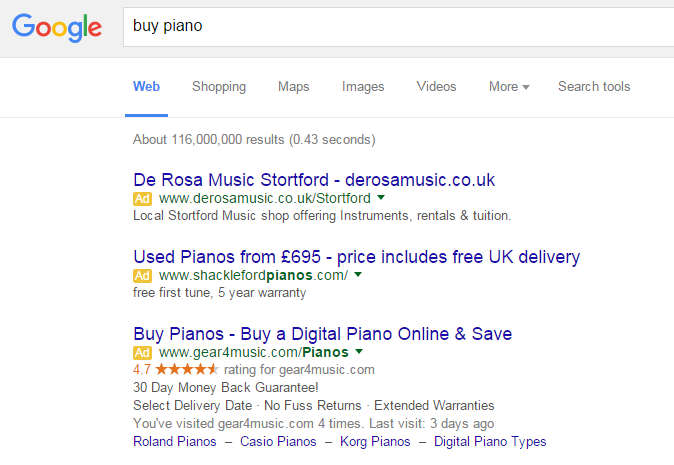 gear4music PPC Search Advert
