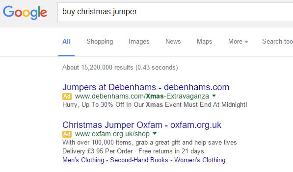 Debenhams PPC Search Advert