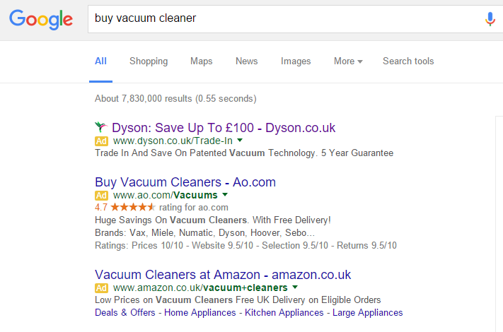 Dyson PPC Search Advert