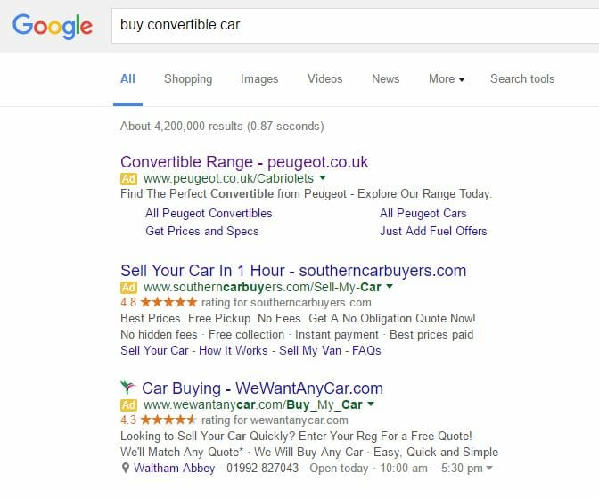 Peugeot 108 PPC Search Advert