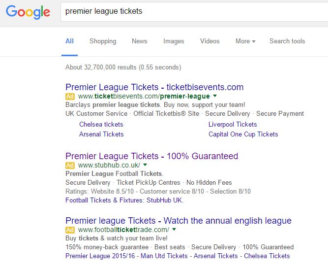 StubHub PPC Search Advert