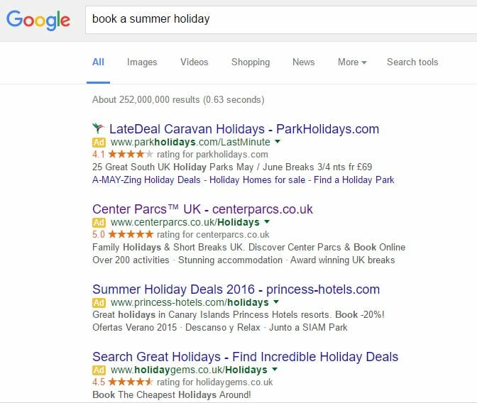 Center Parcs PPC Search Advert