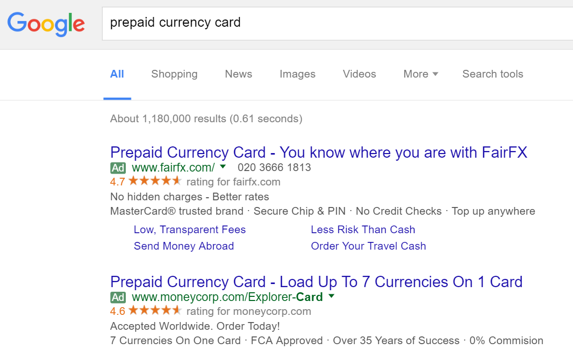FairFX PPC Search Advert