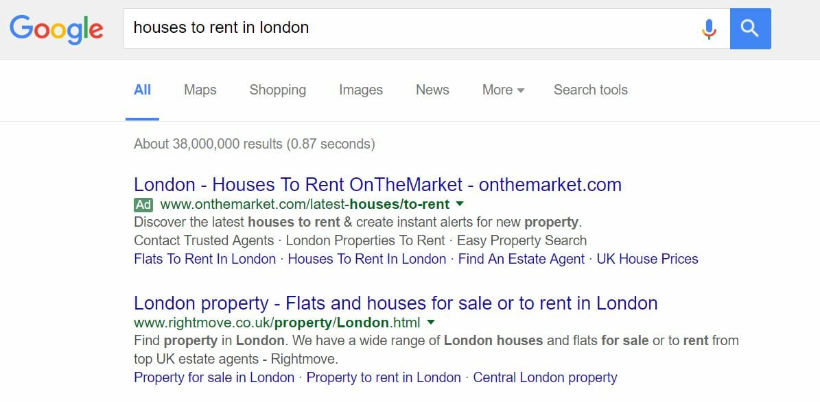 OnTheMarket.com PPC Search Advert