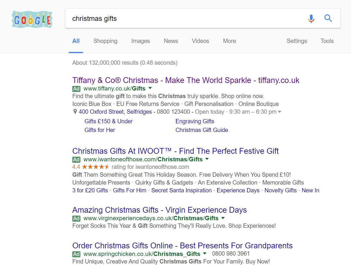 Tiffany and Co PPC Search Advert