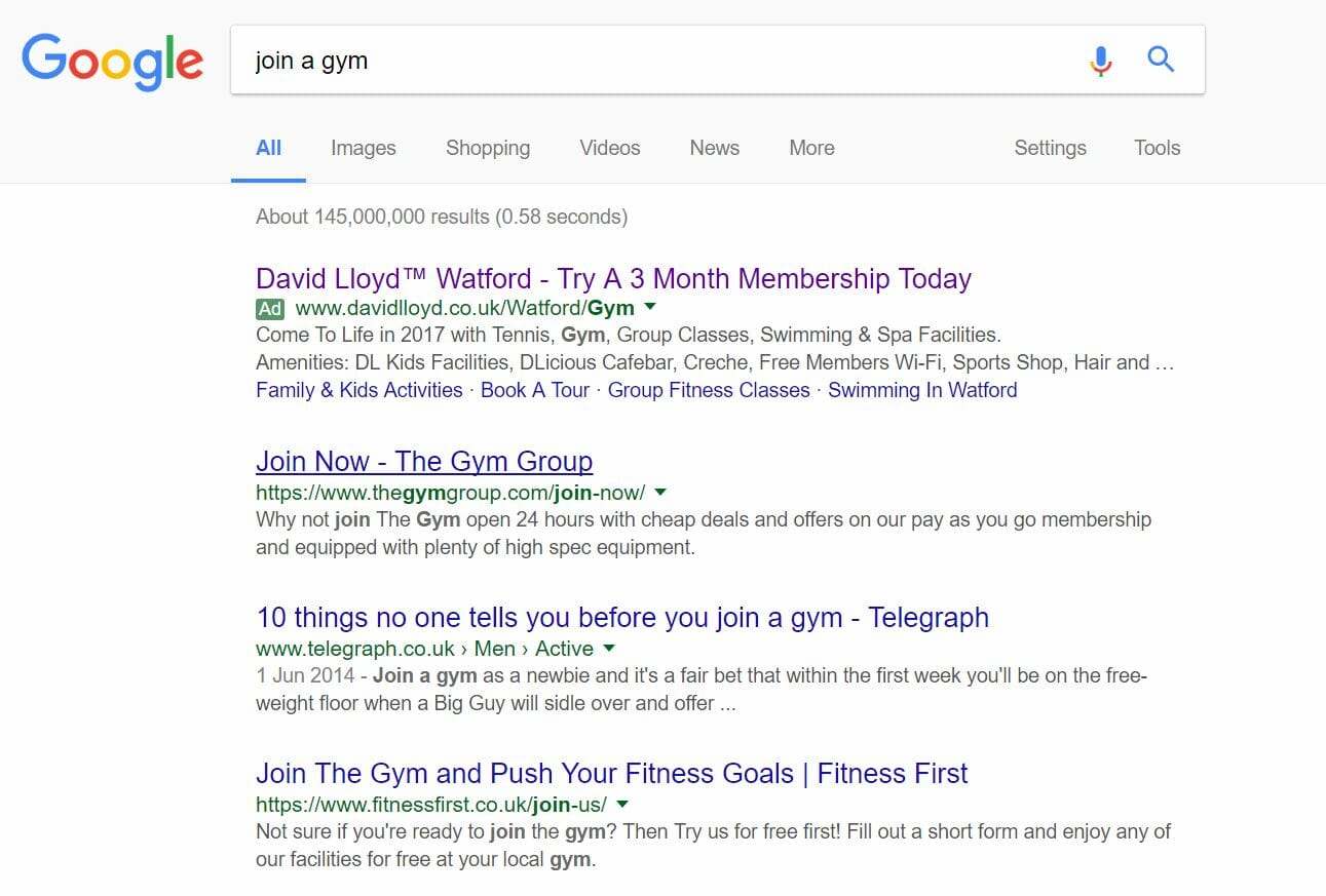 David Lloyd PPC search advert
