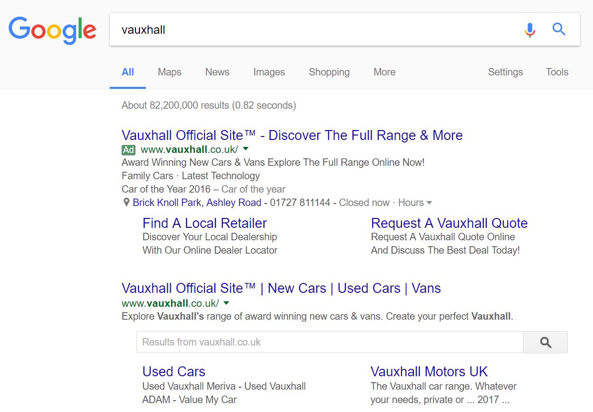 Vauxhall PPC Search Advert