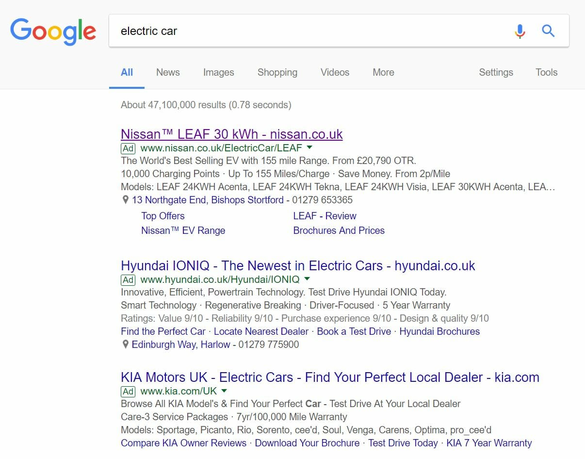 Nissan Leaf PPC Search advert