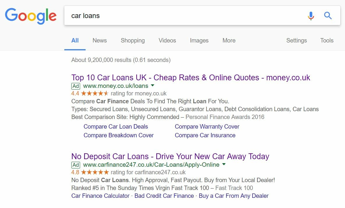 CarFinance247 PPC search advert