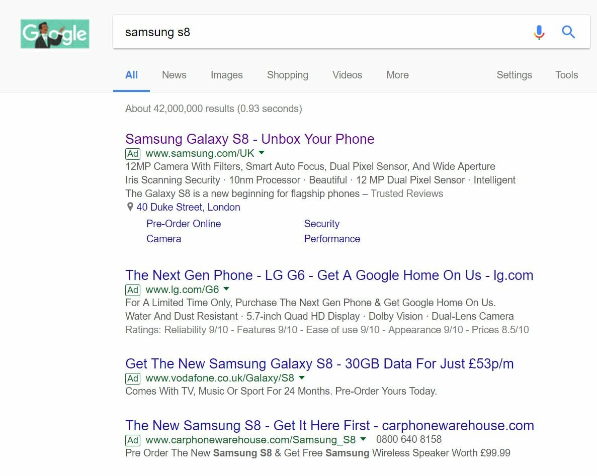 Samsung S8 PPC search advert